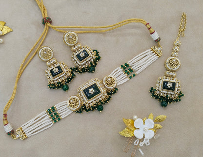 Indian Jewellery Green Kundan choker Set/ kundan choker Kundan Rimi Set