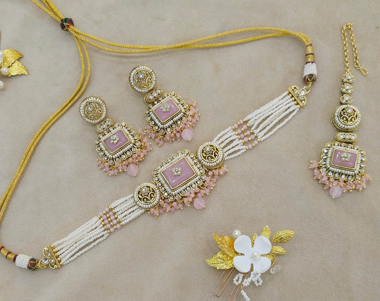 Indian Jewellery Pink Kundan choker Set/ kundan choker Kundan Rimi Set