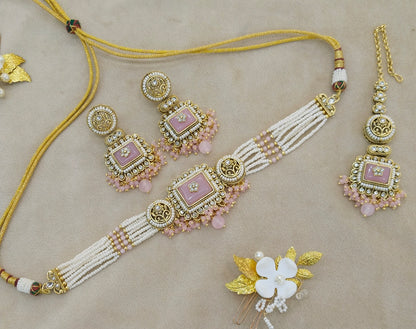 Indian Jewellery Pink Kundan choker Set/ kundan choker Kundan Rimi Set