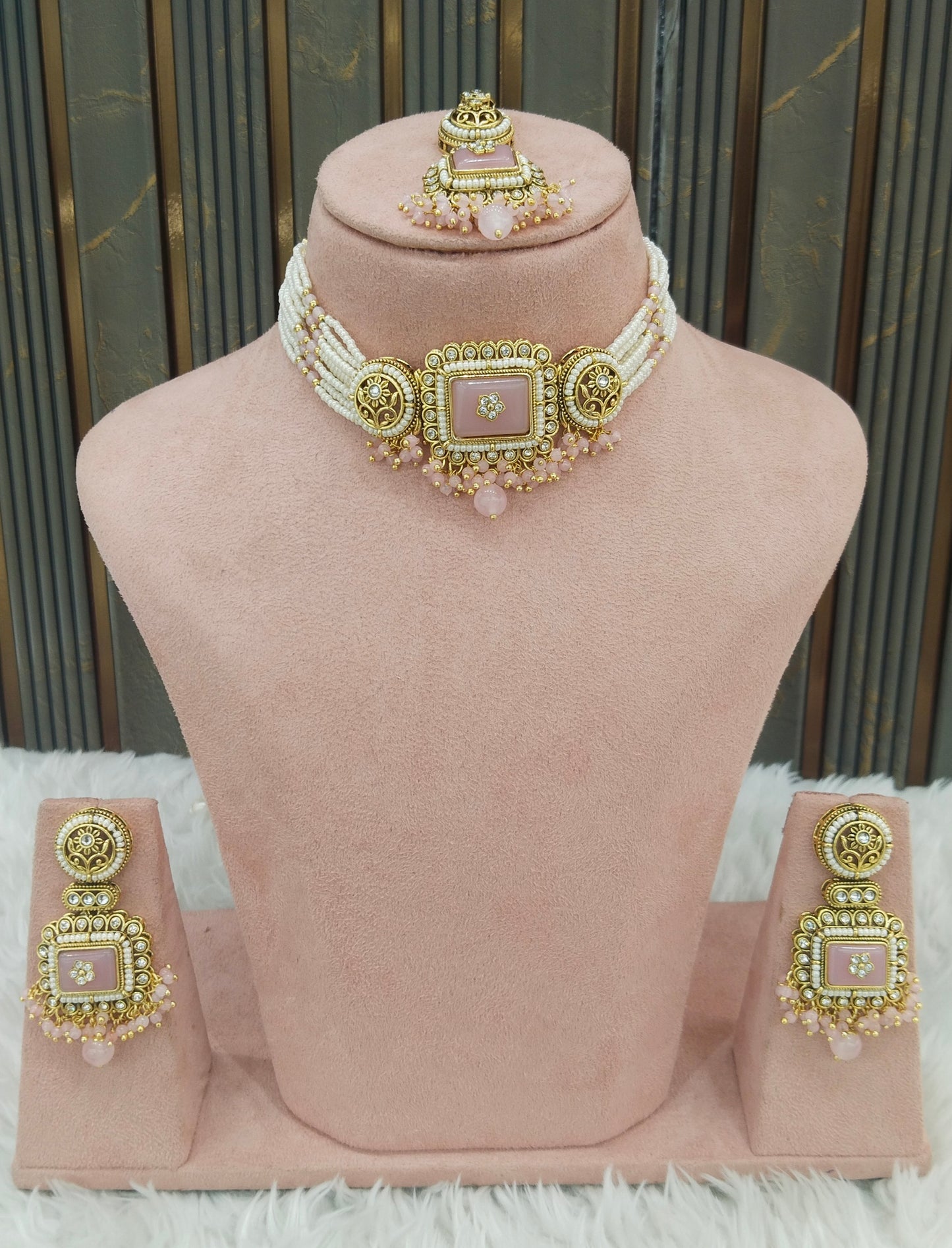 Indian Jewellery Pink Kundan choker Set/ kundan choker Kundan Rimi Set