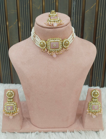 Indian Jewellery Pink Kundan choker Set/ kundan choker Kundan Rimi Set
