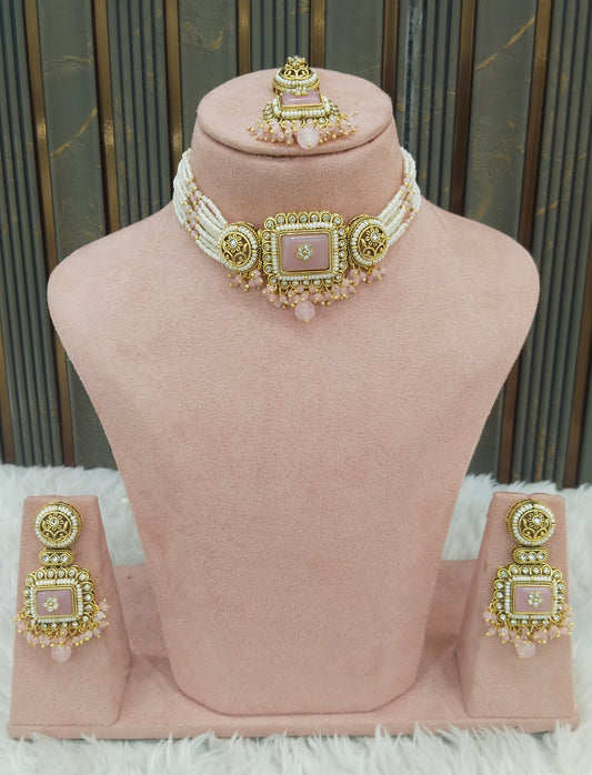 Indian Jewellery Pink Kundan choker Set/ kundan choker Kundan Rimi Set