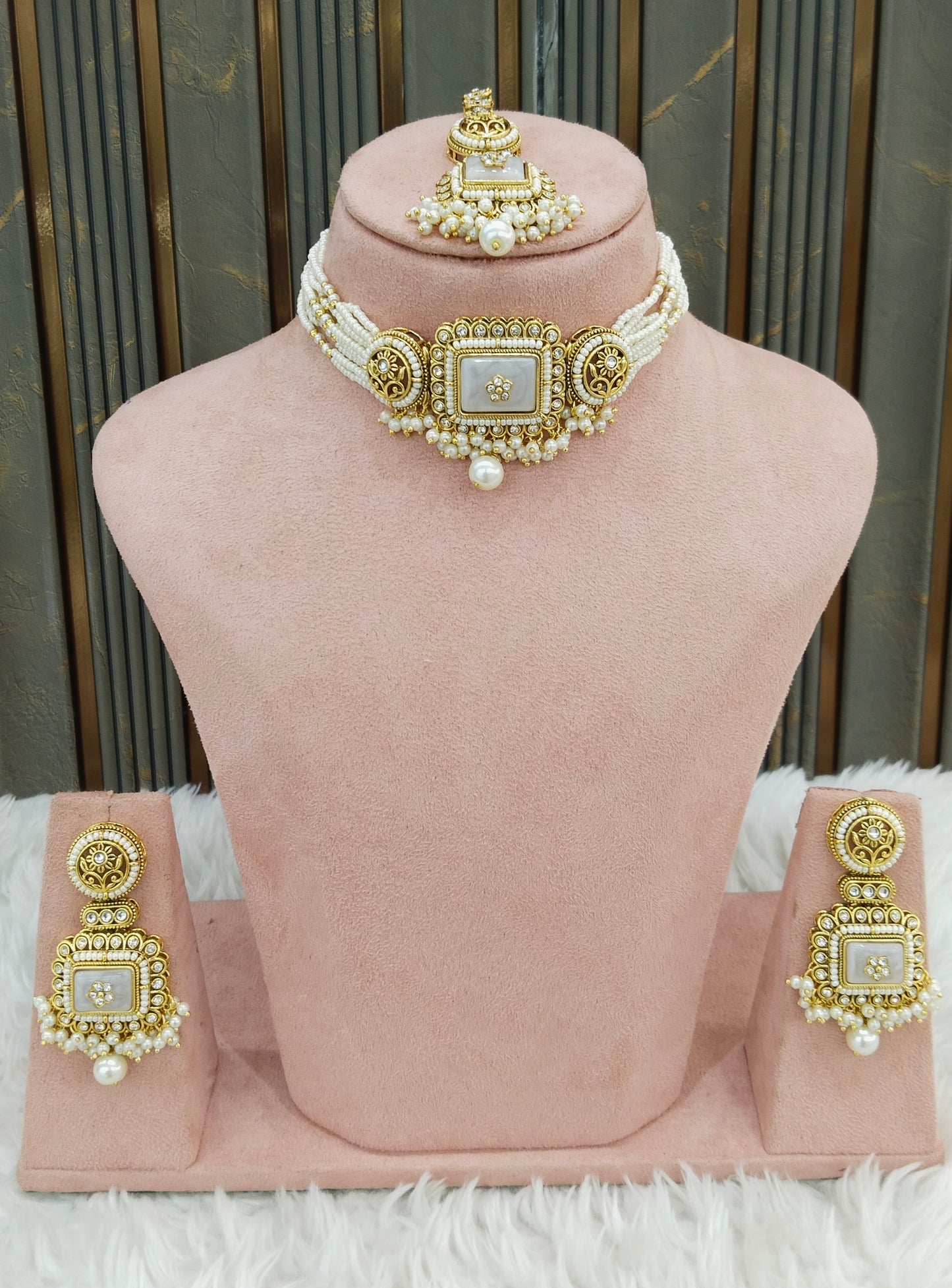 Indian Jewellery White Kundan choker Set/ kundan choker Kundan Rimi Set