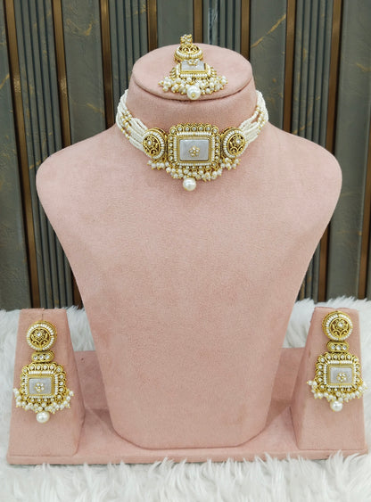 Indian Jewellery White Kundan choker Set/ kundan choker Kundan Rimi Set