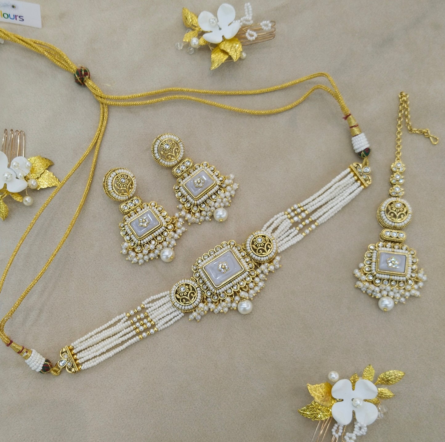 Indian Jewellery White Kundan choker Set/ kundan choker Kundan Rimi Set