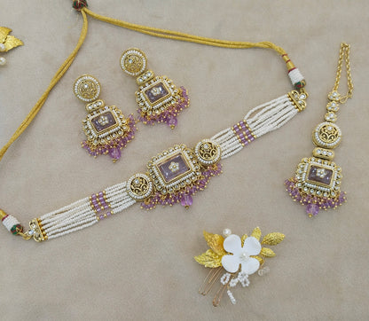 Indian Jewellery Lavender Kundan choker Set/ kundan choker Kundan Rimi Set