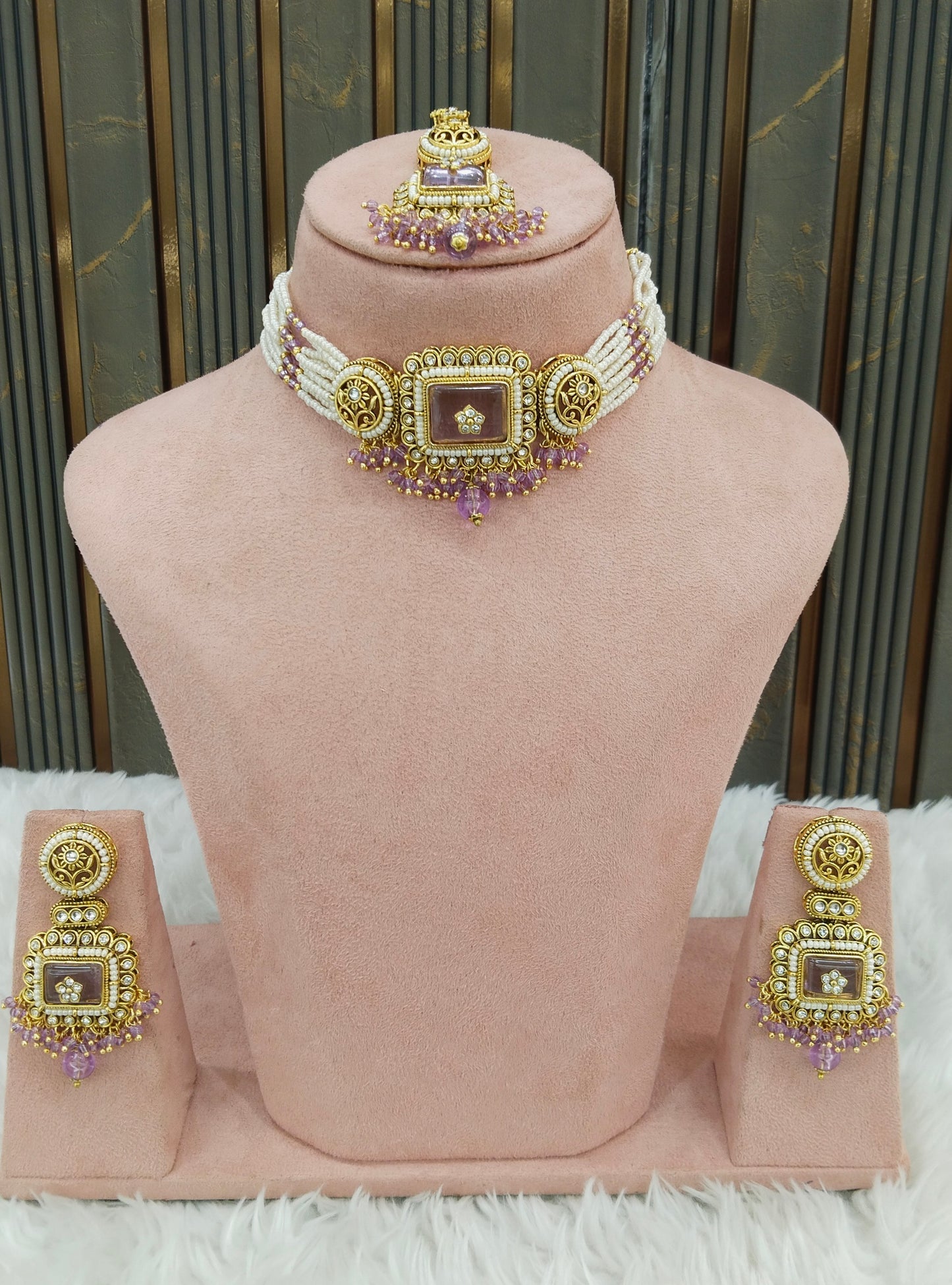 Indian Jewellery Lavender Kundan choker Set/ kundan choker Kundan Rimi Set