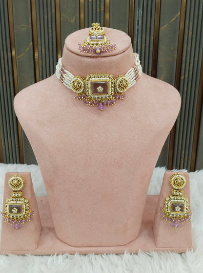 Indian Jewellery Lavender Kundan choker Set/ kundan choker Kundan Rimi Set