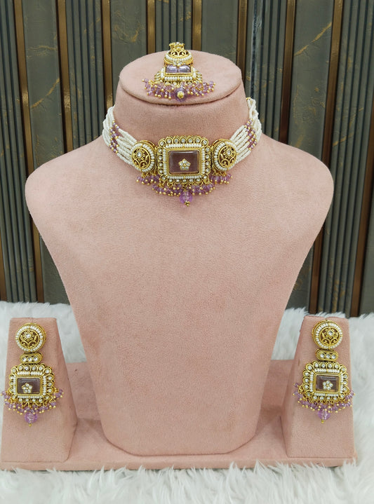 Indian Jewellery Lavender Kundan choker Set/ kundan choker Kundan Rimi Set