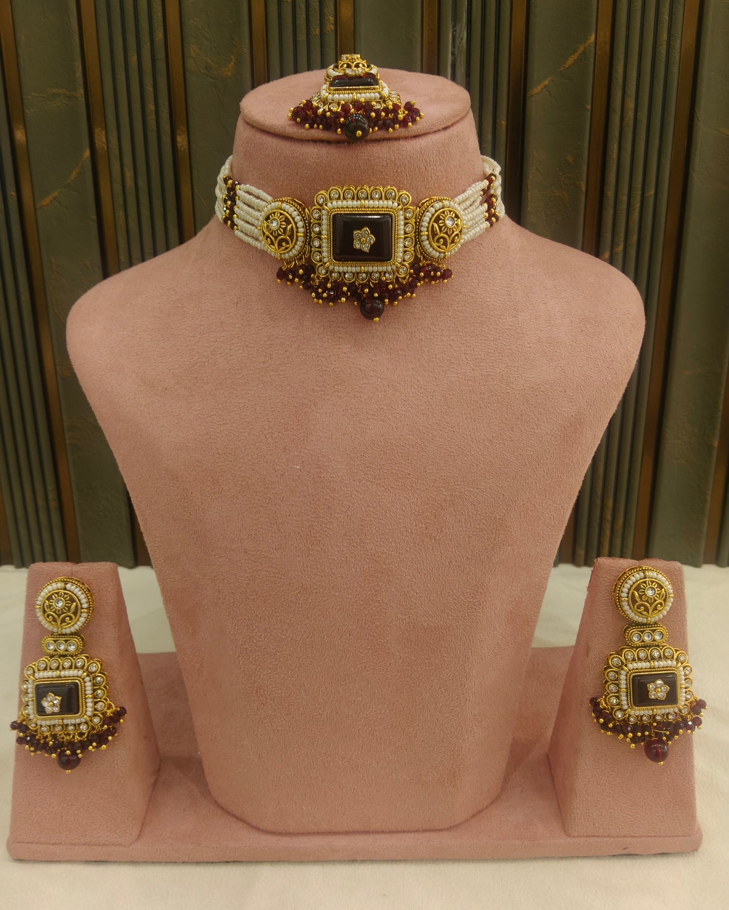 Indian Jewellery Maroon Kundan choker Set/ kundan choker Kundan Rimi Set