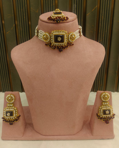 Indian Jewellery Maroon Kundan choker Set/ kundan choker Kundan Rimi Set