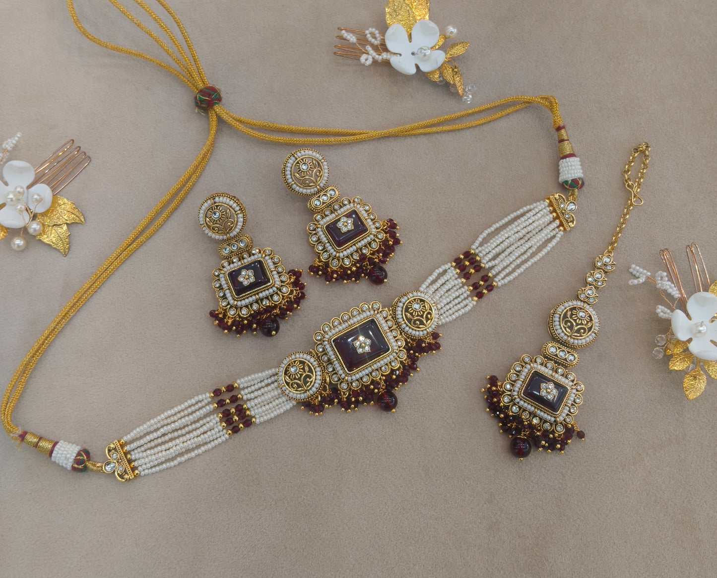 Indian Jewellery Maroon Kundan choker Set/ kundan choker Kundan Rimi Set