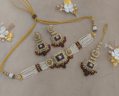Indian Jewellery Maroon Kundan choker Set/ kundan choker Kundan Rimi Set