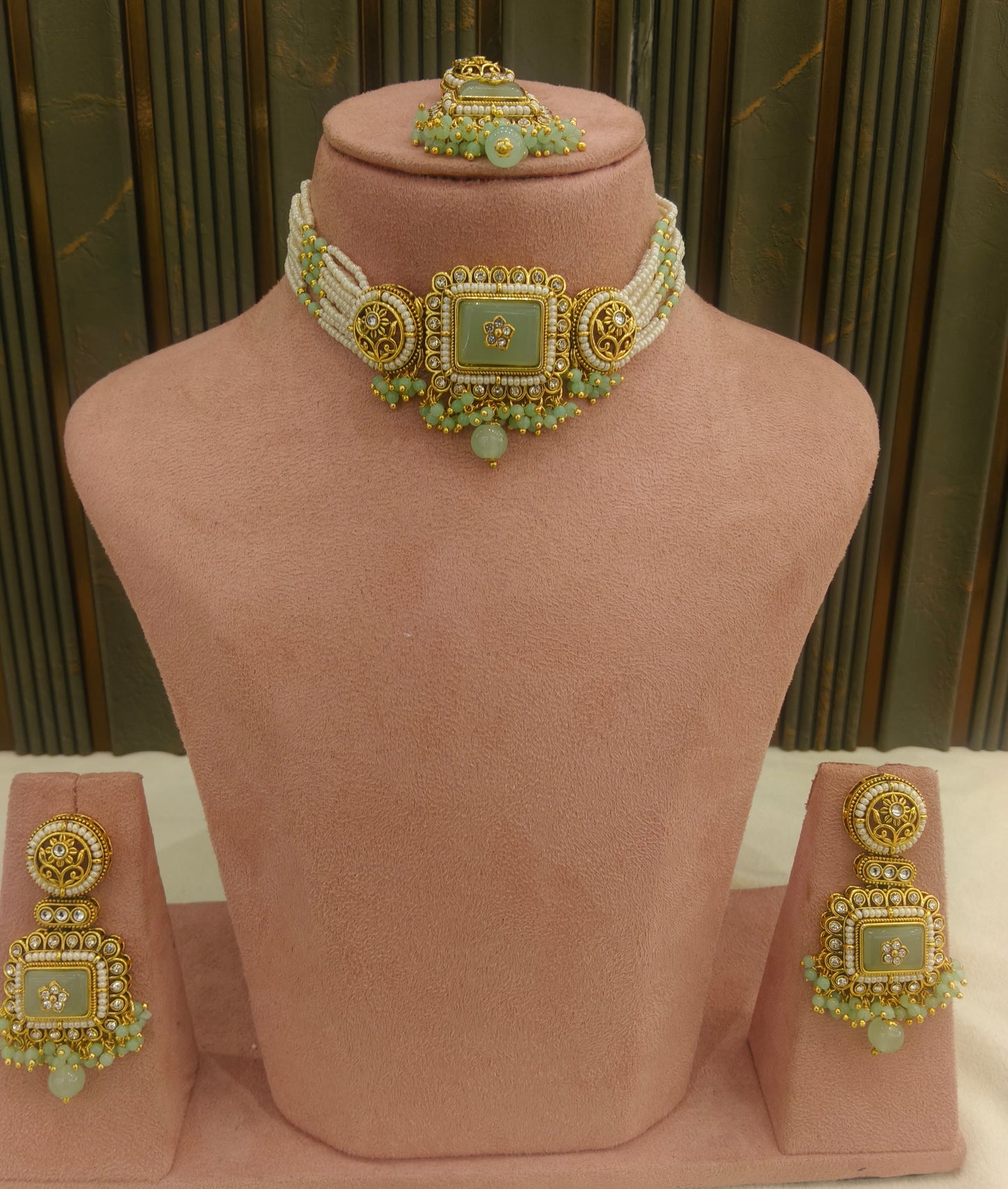 Indian Jewellery Mint Kundan choker Set/ kundan choker Kundan Rimi Set