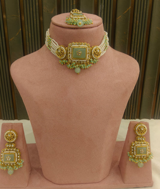 Indian Jewellery Mint Kundan choker Set/ kundan choker Kundan Rimi Set