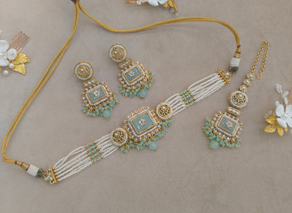 Indian Jewellery Mint Kundan choker Set/ kundan choker Kundan Rimi Set