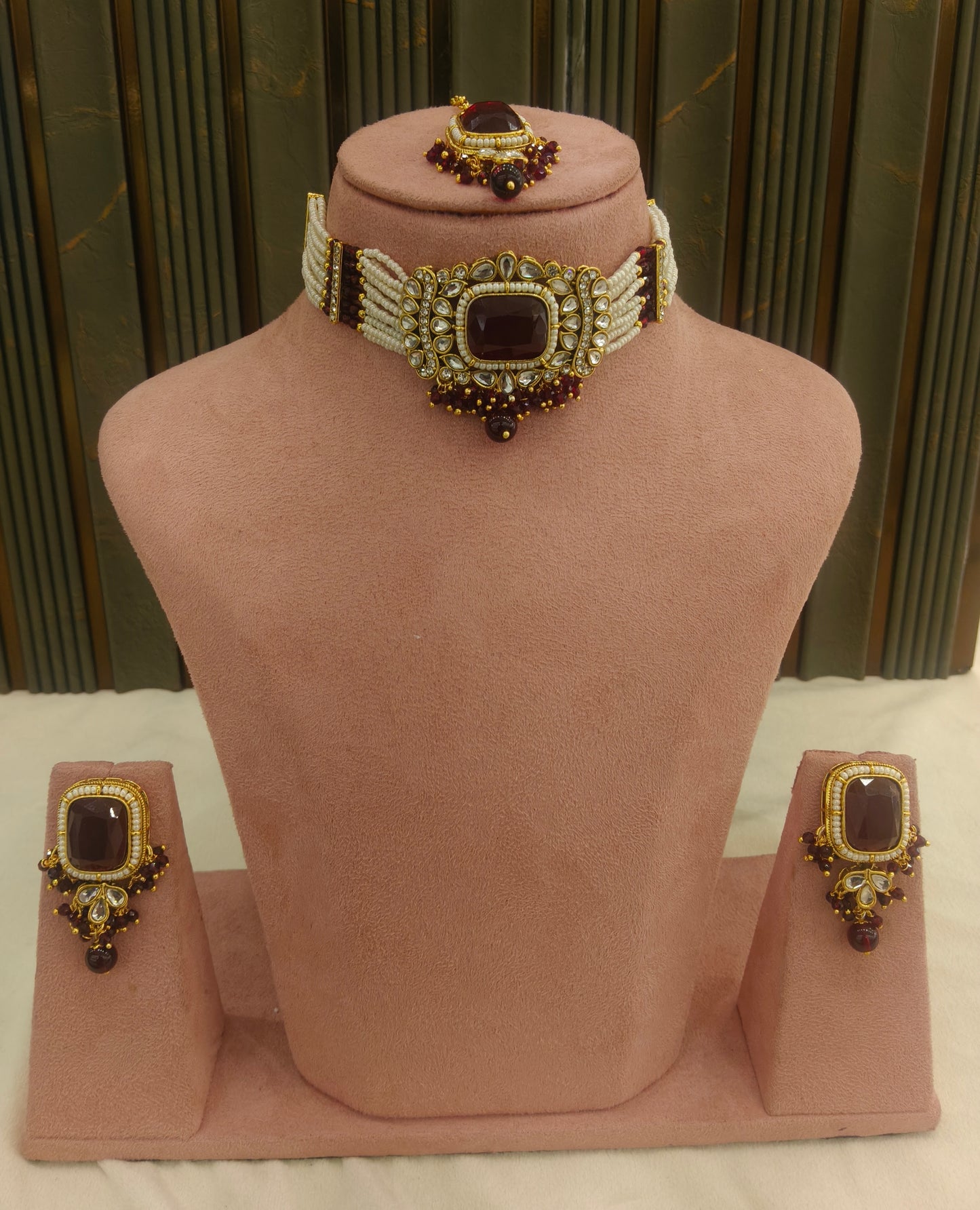 Indian Jewellery Maroon Kundan choker Set/ kundan choker Kundan Rajni Set
