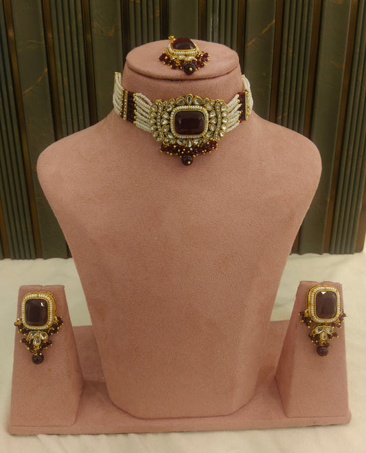 Indian Jewellery Maroon Kundan choker Set/ kundan choker Kundan Rajni Set