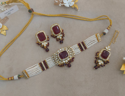 Indian Jewellery Maroon Kundan choker Set/ kundan choker Kundan Rajni Set