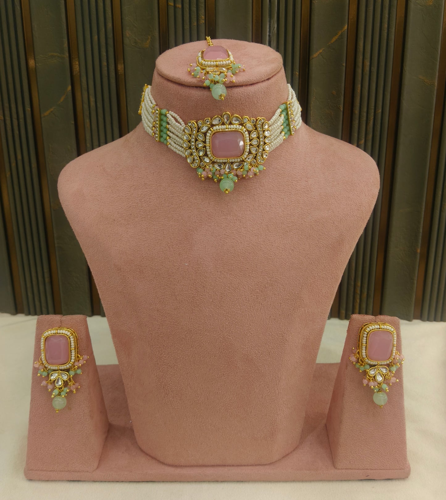 Indian Jewellery Mint Pink Kundan choker Set/ kundan choker Kundan Rajni Set