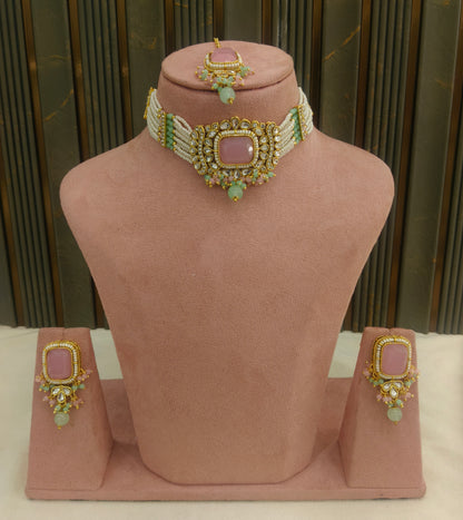 Indian Jewellery Mint Pink Kundan choker Set/ kundan choker Kundan Rajni Set