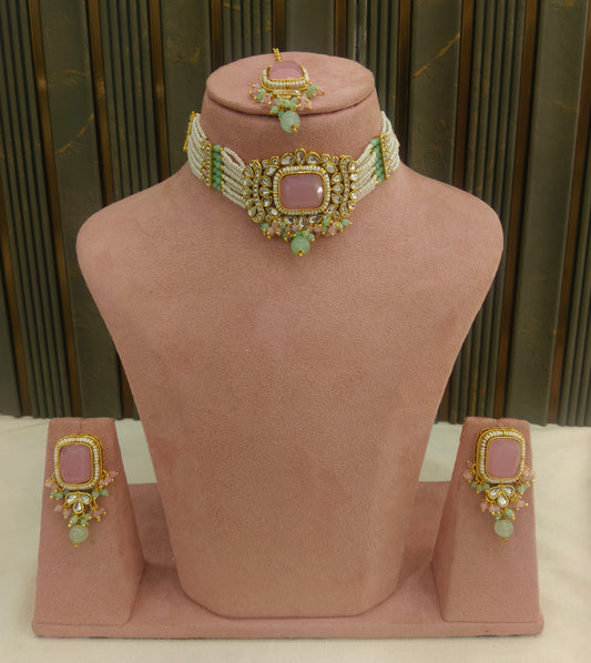 Indian Jewellery Mint Pink Kundan choker Set/ kundan choker Kundan Rajni Set