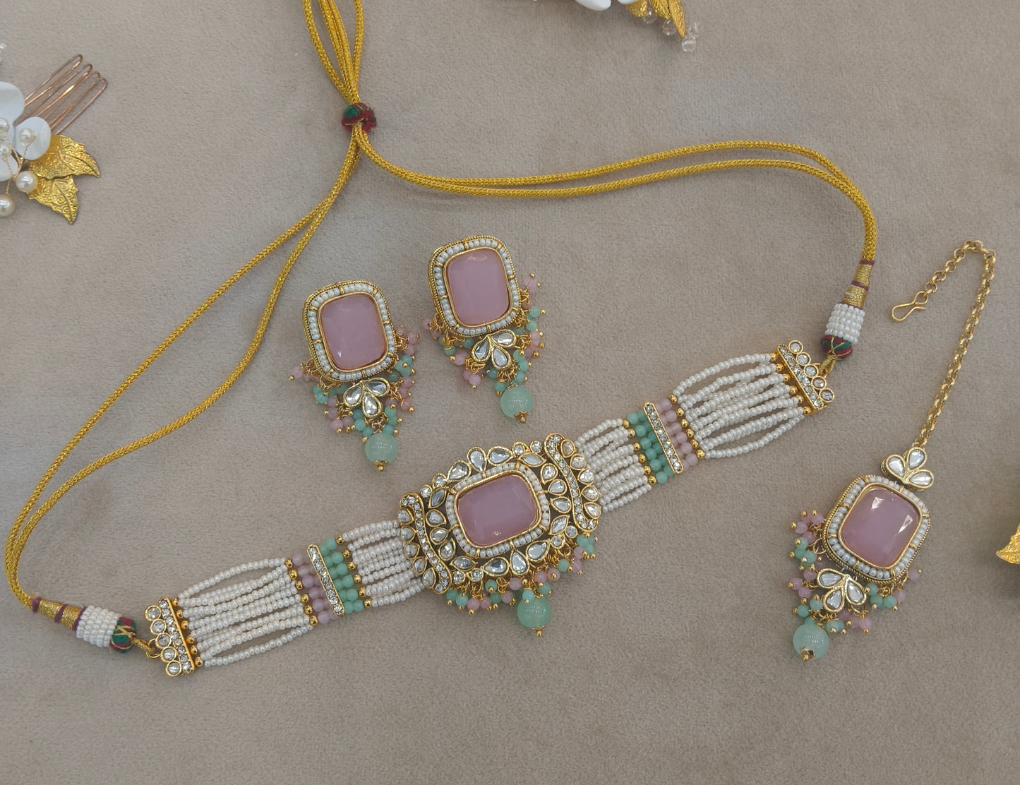 Indian Jewellery Mint Pink Kundan choker Set/ kundan choker Kundan Rajni Set
