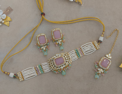 Indian Jewellery Mint Pink Kundan choker Set/ kundan choker Kundan Rajni Set
