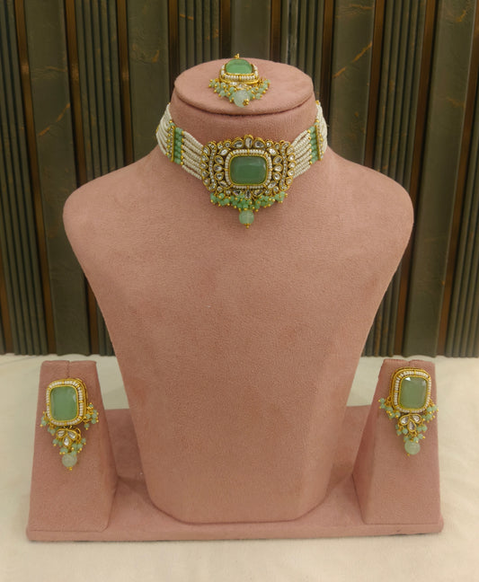 Indian Jewellery Mint Kundan choker Set/ kundan choker Kundan Rajni Set