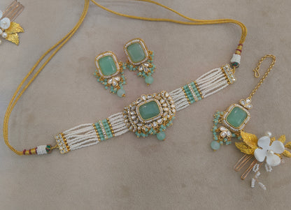 Indian Jewellery Mint Kundan choker Set/ kundan choker Kundan Rajni Set