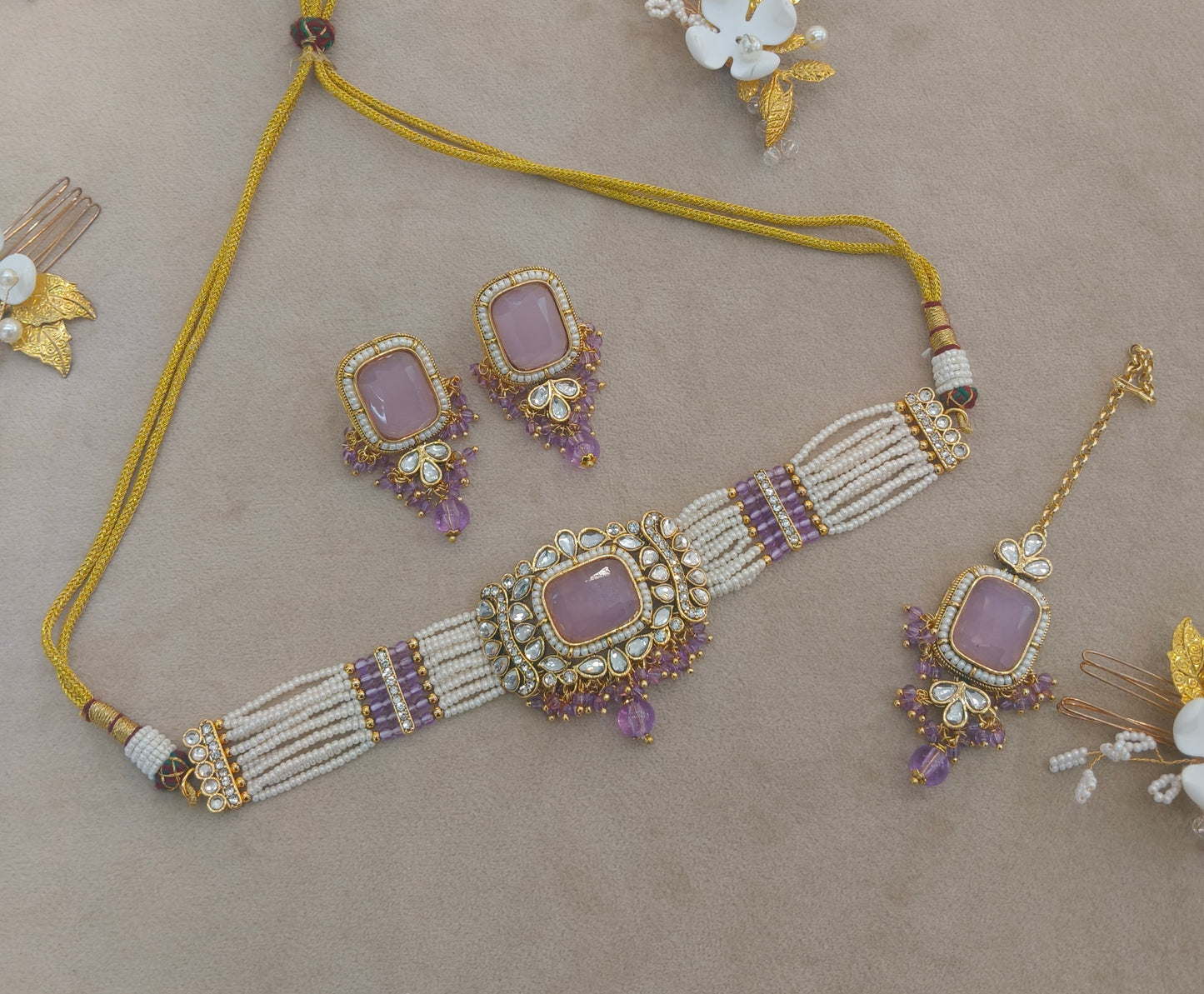 Indian Jewellery Lavender Kundan choker Set/ kundan choker Kundan Rajni Set