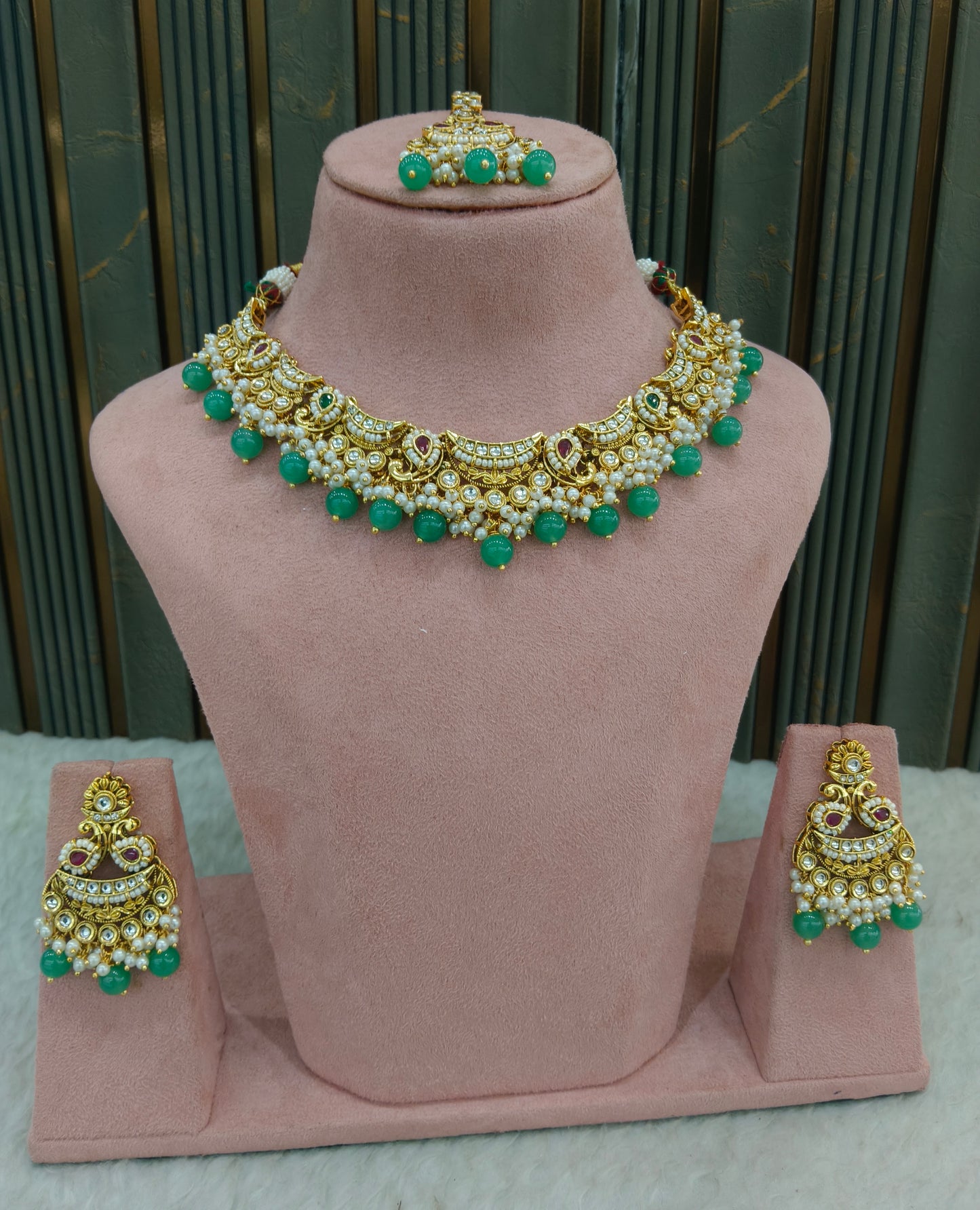 Ruby Sage Green Kundan necklace Set/ kundan Indian jewellery kundan Jeet sets