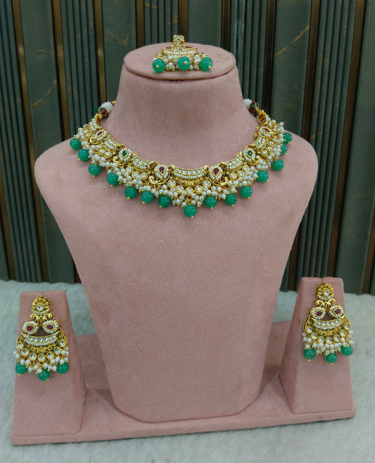 Ruby Sage Green Kundan necklace Set/ kundan Indian jewellery kundan Jeet sets