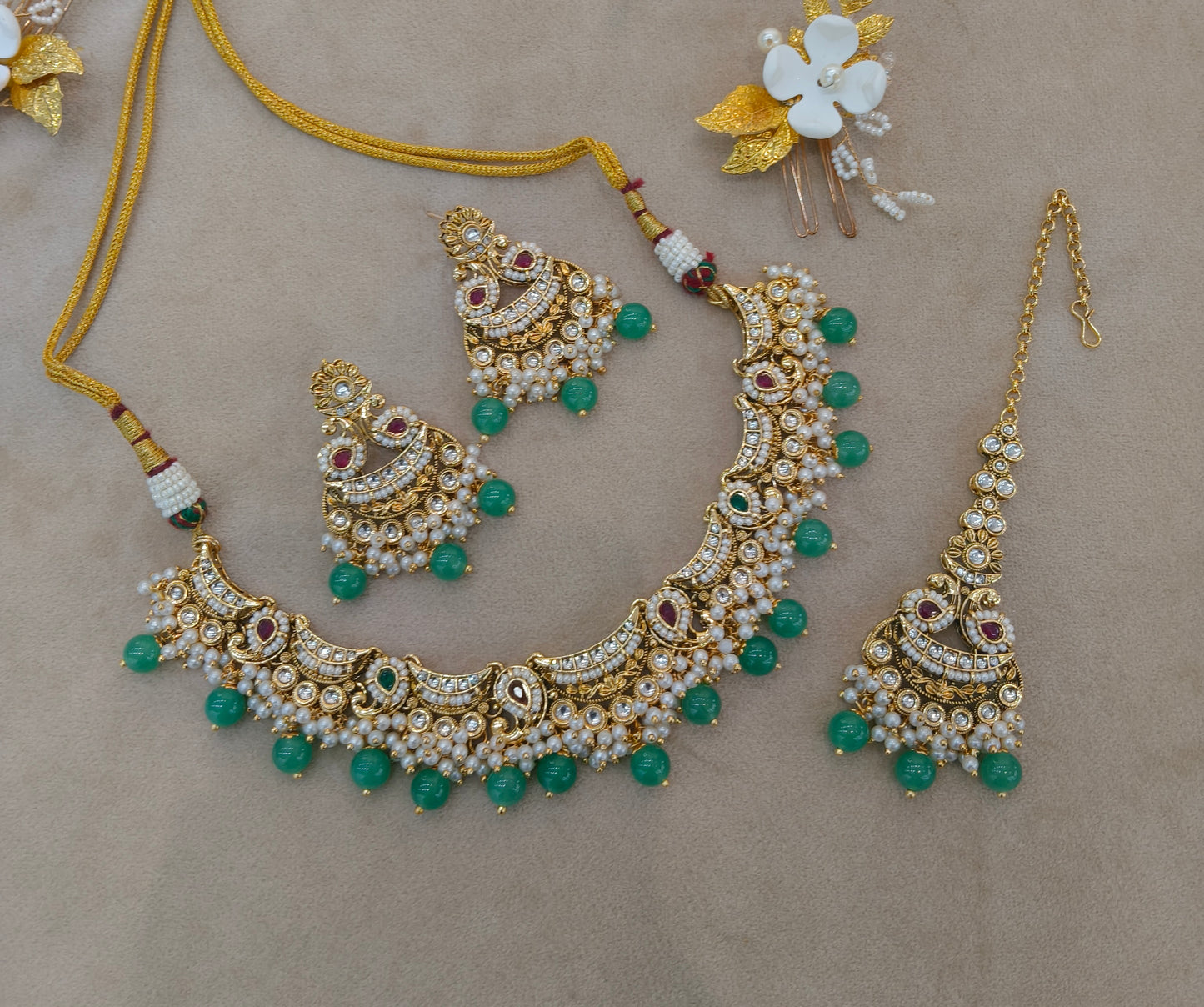 Ruby Sage Green Kundan necklace Set/ kundan Indian jewellery kundan Jeet sets