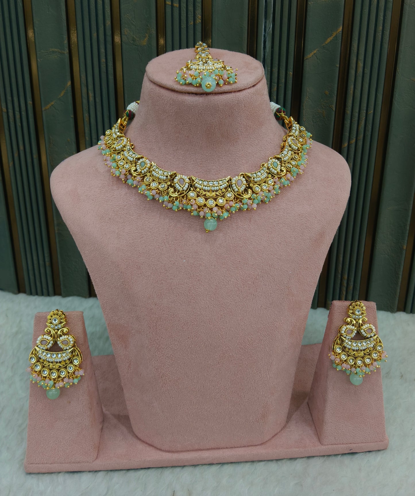 Mint Pink Kundan necklace Set/ kundan Indian jewellery kundan Jeet sets