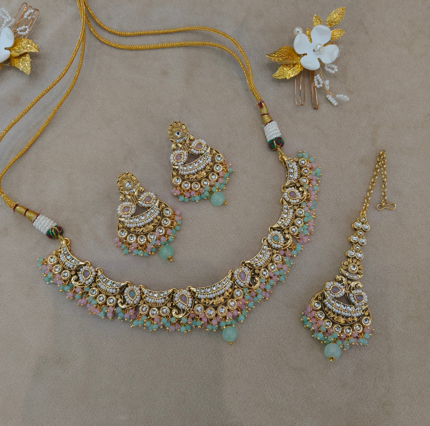 Mint Pink Kundan necklace Set/ kundan Indian jewellery kundan Jeet sets