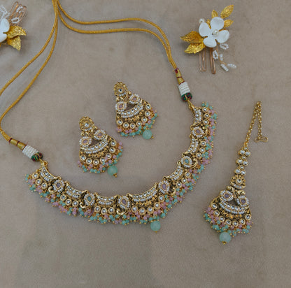 Mint Pink Kundan necklace Set/ kundan Indian jewellery kundan Jeet sets
