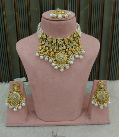 Gold White Kundan necklace Set/ kundan Indian jewellery kundan Redi sets