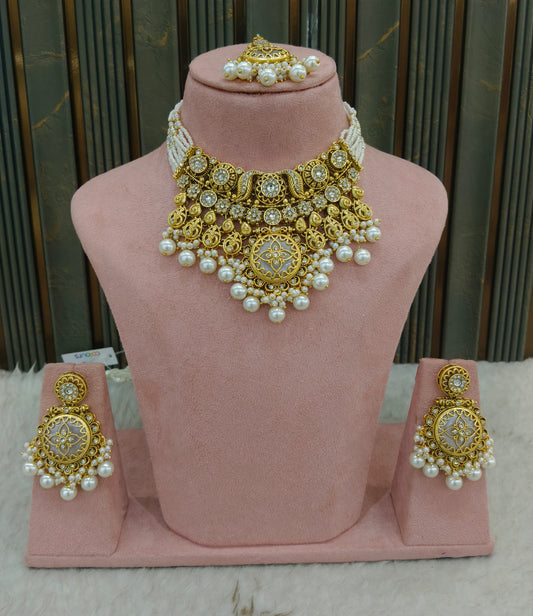 Gold White Kundan necklace Set/ kundan Indian jewellery kundan Redi sets