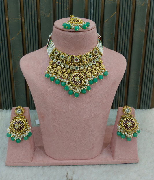 Ruby Sage Green Kundan necklace Set/ kundan Indian jewellery kundan Redi sets