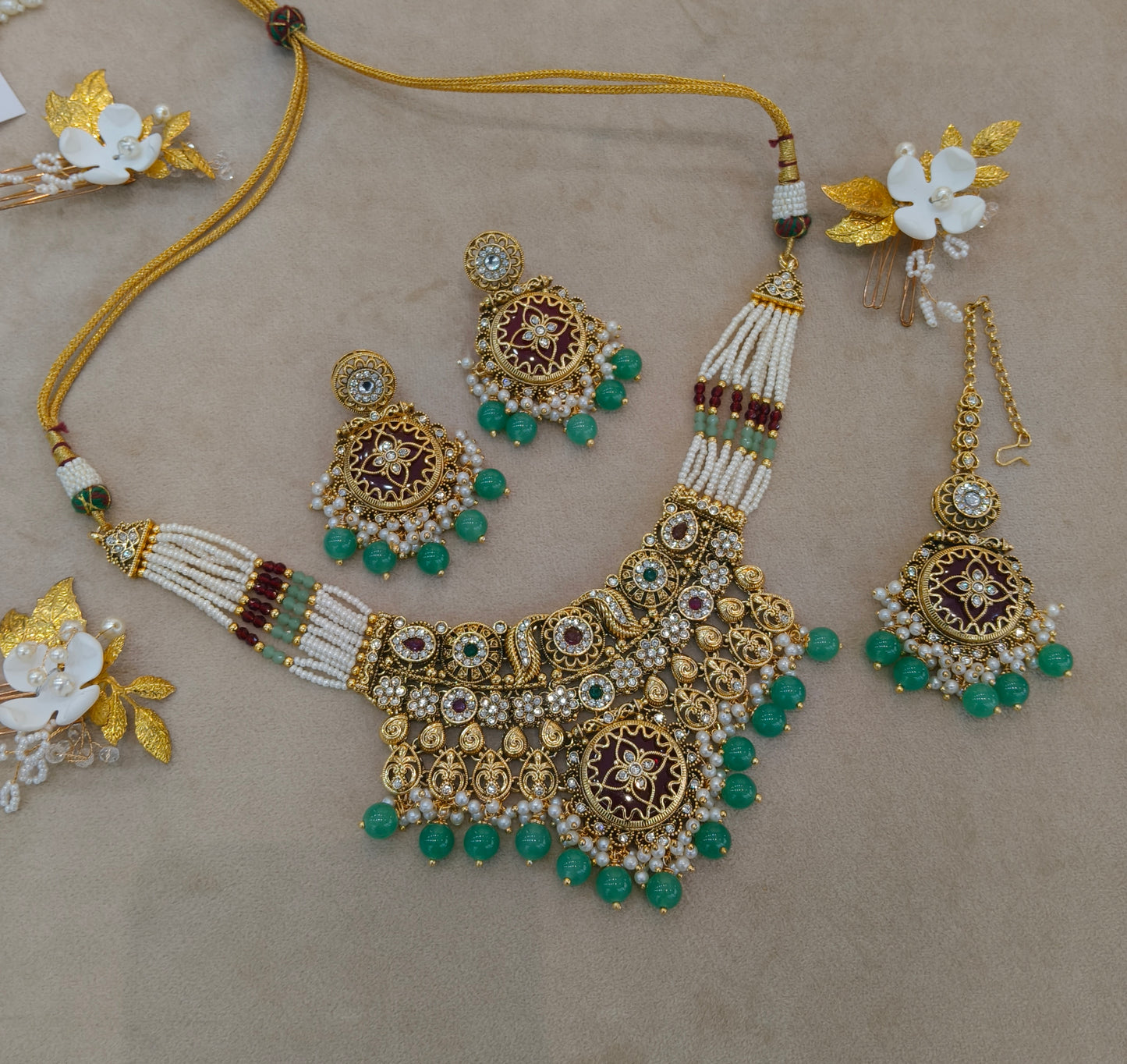 Ruby Sage Green Kundan necklace Set/ kundan Indian jewellery kundan Redi sets