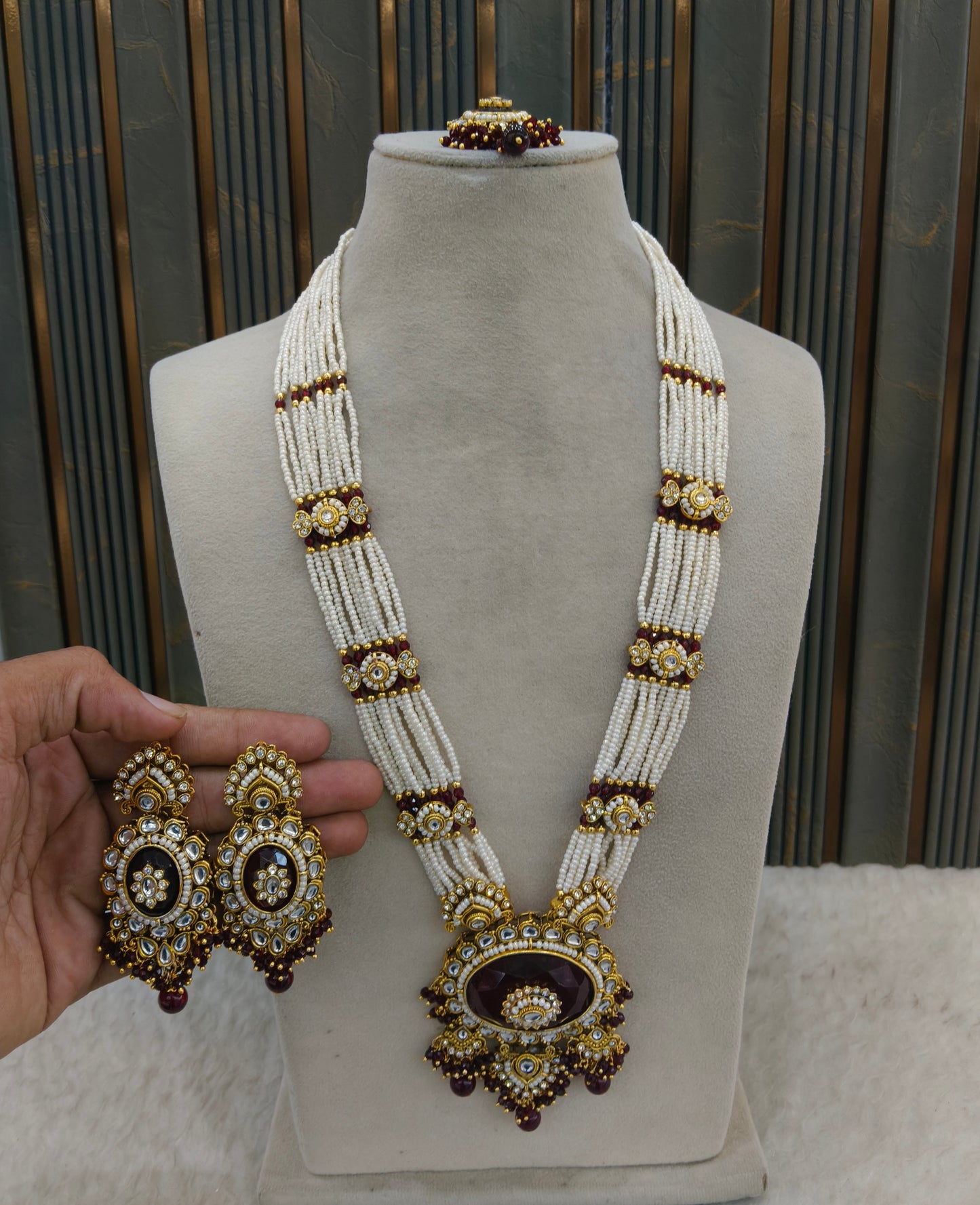 Maroon Kundan Long Rani Haar Necklace Indian Jewellery Kavita Set