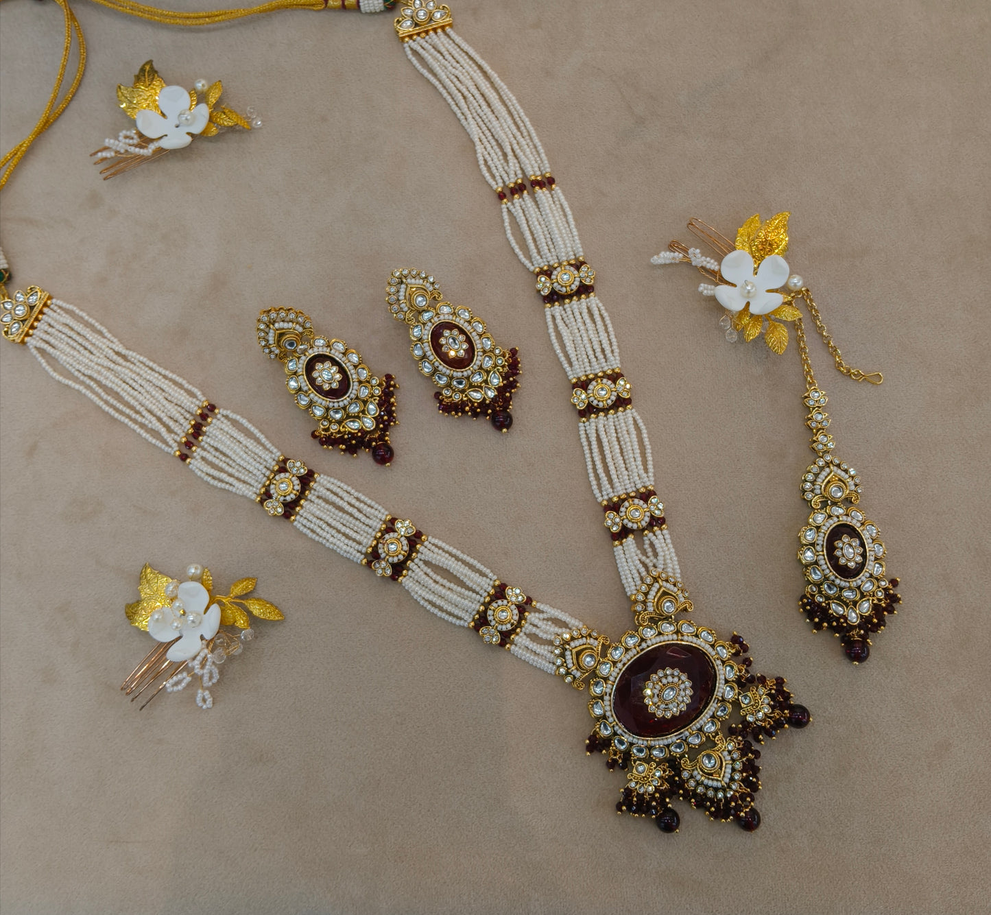 Maroon Kundan Long Rani Haar Necklace Indian Jewellery Kavita Set