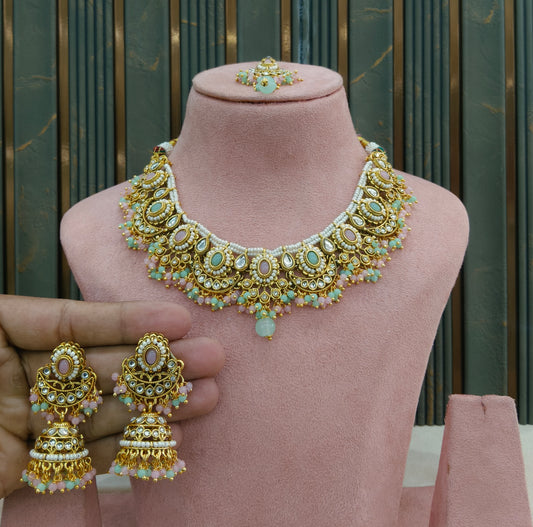 Gold Mint Pink Kundan necklace Set/ kundan Indian jewellery kundan Zina sets