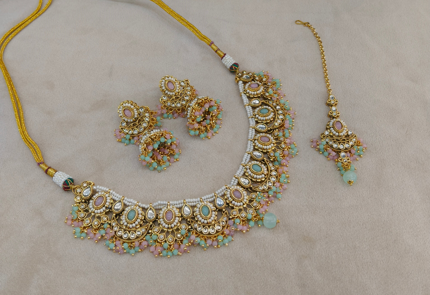 Gold Mint Pink Kundan necklace Set/ kundan Indian jewellery kundan Zina sets