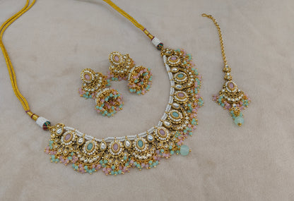 Gold Mint Pink Kundan necklace Set/ kundan Indian jewellery kundan Zina sets