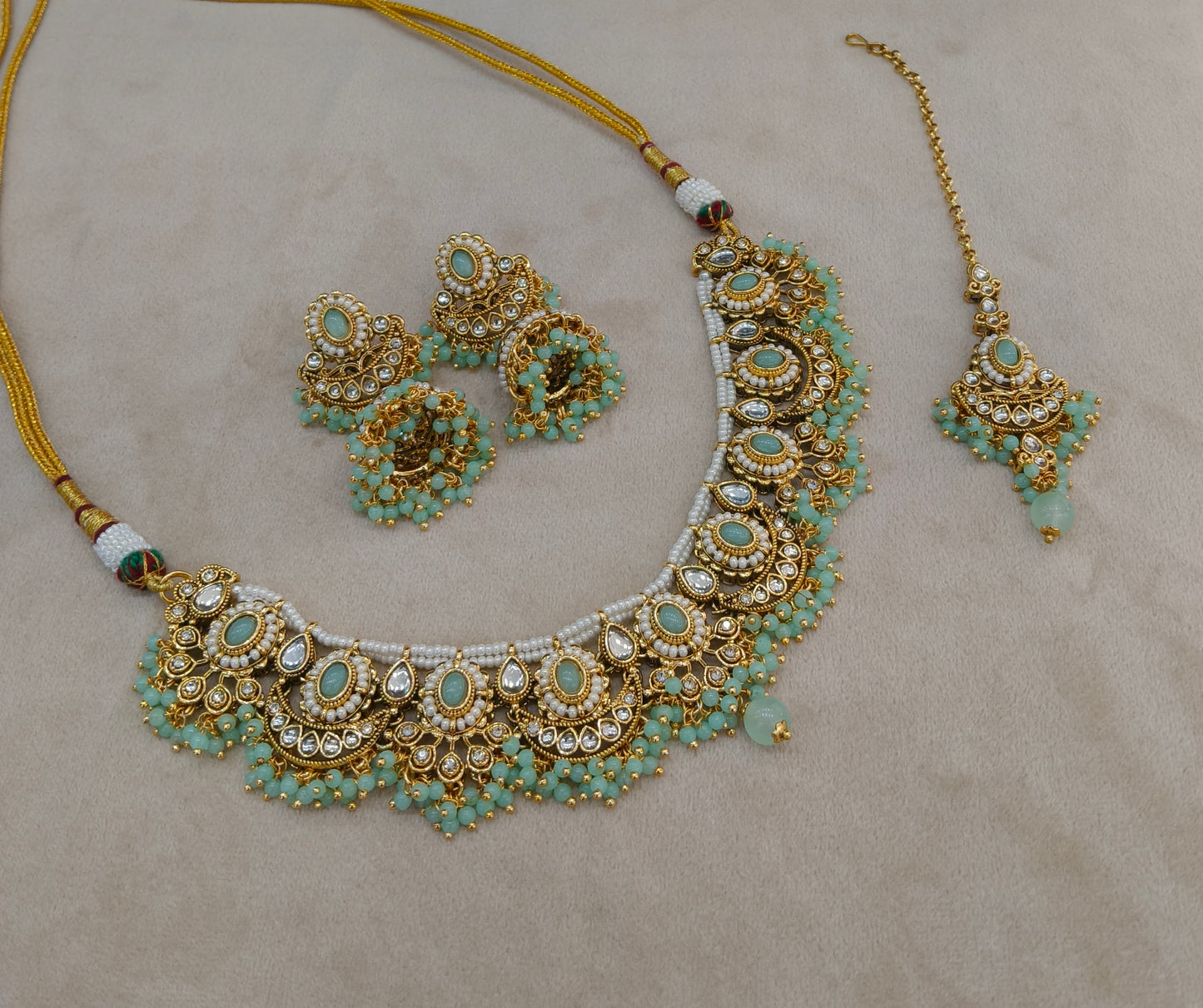 Gold Mint Kundan necklace Set/ kundan Indian jewellery kundan Zina sets