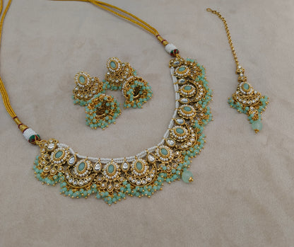 Gold Mint Kundan necklace Set/ kundan Indian jewellery kundan Zina sets