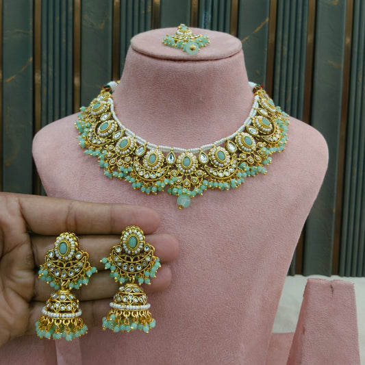 Gold Mint Kundan necklace Set/ kundan Indian jewellery kundan Zina sets