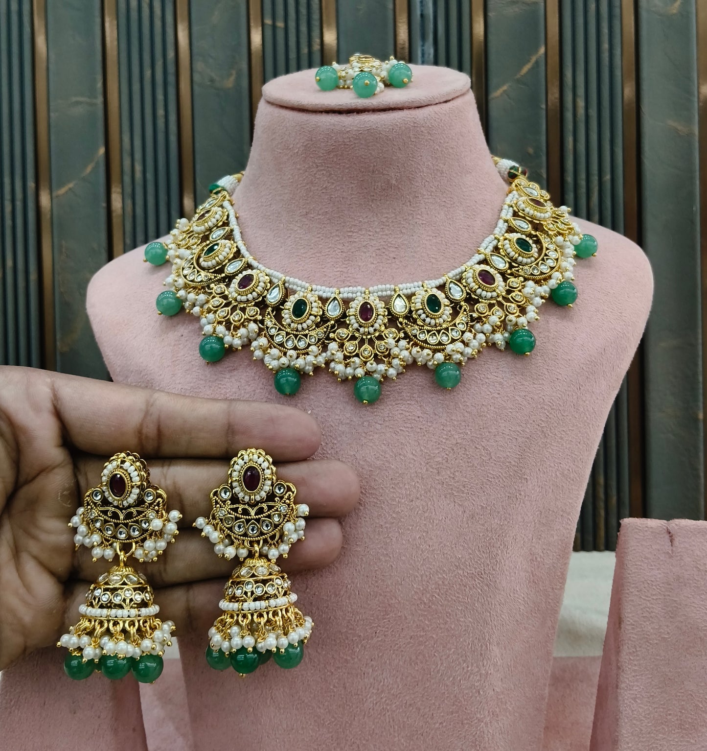 Ruby Sage Green Kundan necklace Set/ kundan Indian jewellery kundan Zina sets